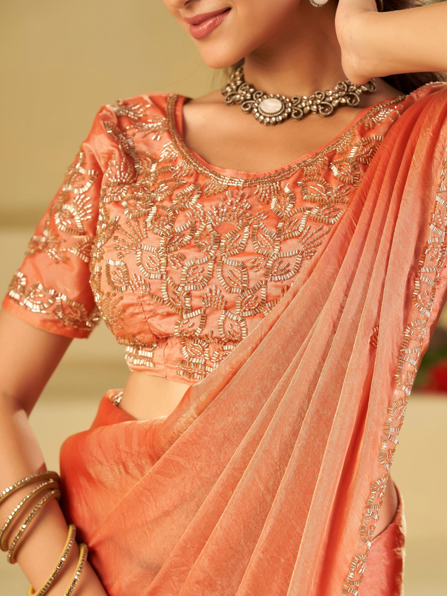 Peach Designer Fendy Satin Saree with Heavy Embroidered Blouse & Sequin Border | Elegant Wedding & Festive Saree
