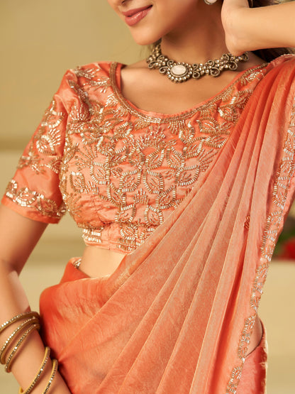 Peach Designer Fendy Satin Saree with Heavy Embroidered Blouse & Sequin Border | Elegant Wedding & Festive Saree