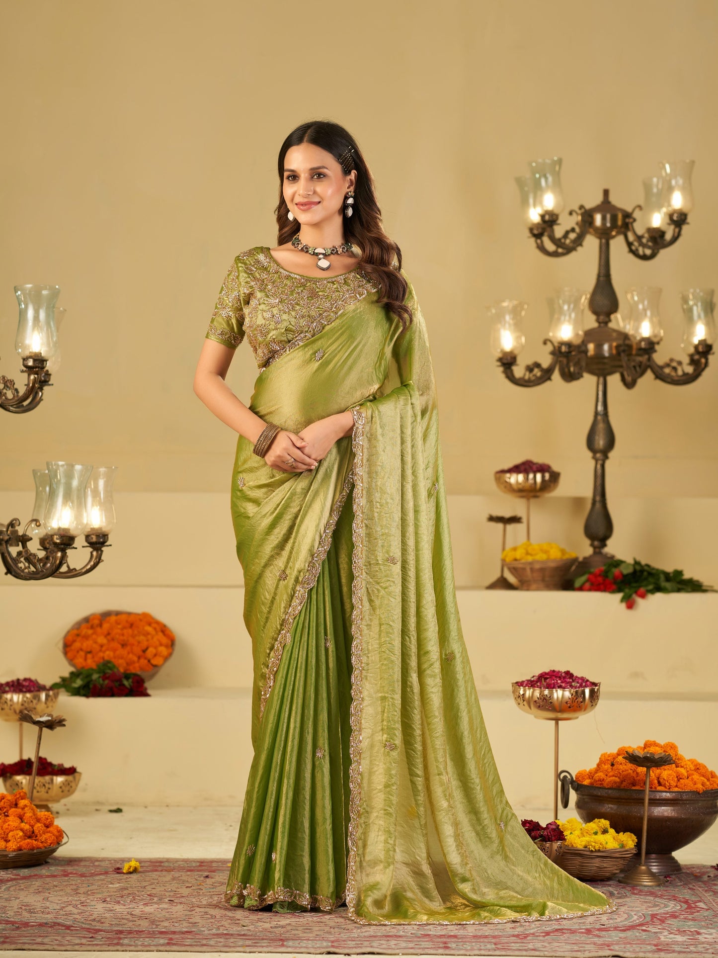 Pista Green Designer Fendy Satin Saree with Heavy Embroidered Blouse & Sequin Border | Premium Festive Wedding Saree