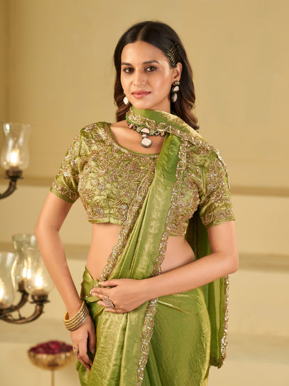 Pista Green Designer Fendy Satin Saree with Heavy Embroidered Blouse & Sequin Border | Premium Festive Wedding Saree