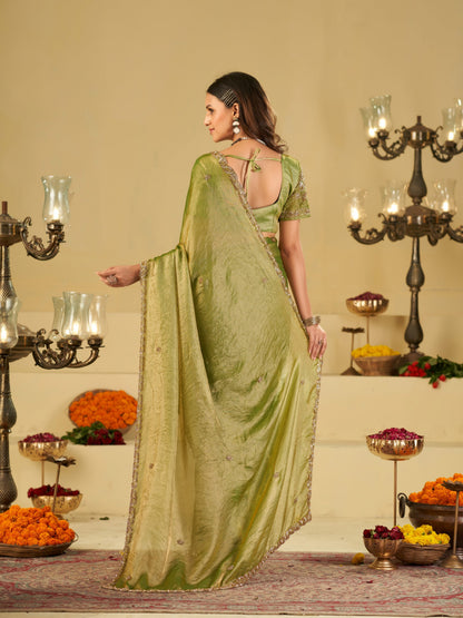 Pista Green Designer Fendy Satin Saree with Heavy Embroidered Blouse & Sequin Border | Premium Festive Wedding Saree