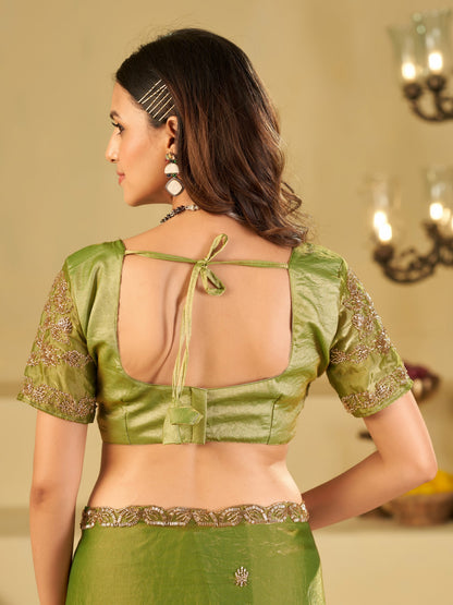 Pista Green Designer Fendy Satin Saree with Heavy Embroidered Blouse & Sequin Border | Premium Festive Wedding Saree
