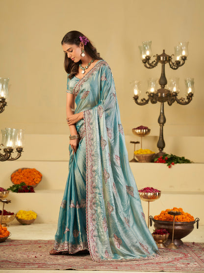 Sky Blue Designer Fendy Satin Saree with Floral Embroidered Border & Elegant Thread Work | Premium Festive Party Wear Saree