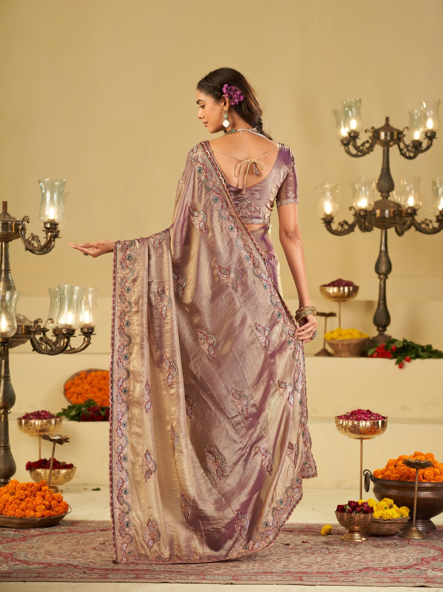Lavender Designer Fendy Satin Saree with Floral Embroidered Border & Elegant Thread Work | Premium Festive Party Wear Saree