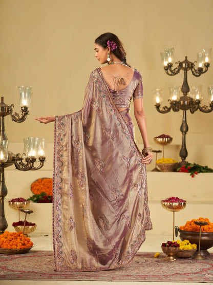 Lavender Designer Fendy Satin Saree with Floral Embroidered Border & Elegant Thread Work | Premium Festive Party Wear Saree