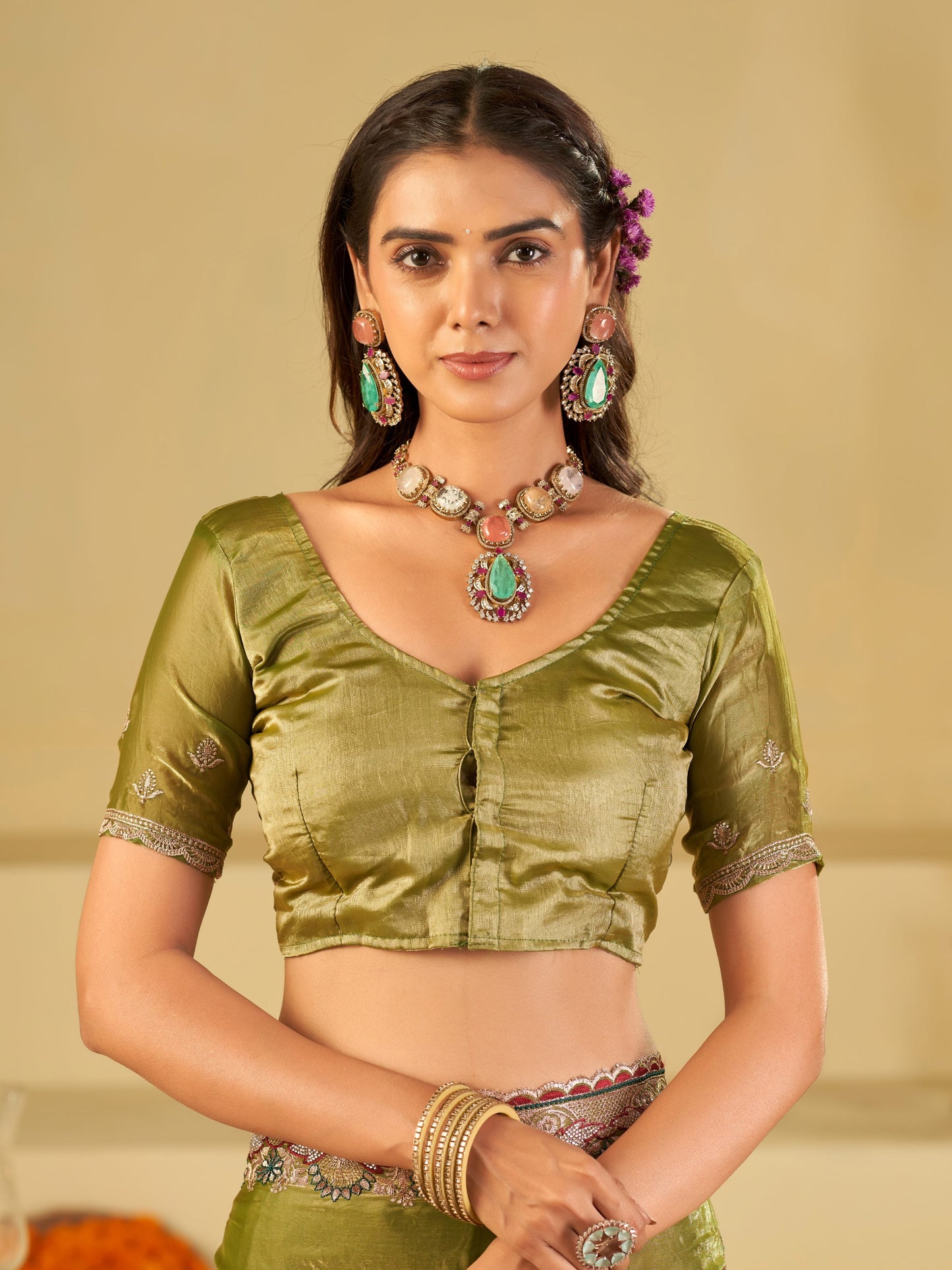 Olive Green Designer Fendy Satin Saree with Floral Embroidered Border & Elegant Thread Work | Premium Festive Party Wear Saree