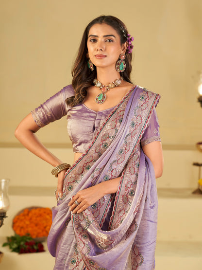 Lavender Premium Fendy Satin Saree with Floral Embroidered Border & Elegant Designer Thread Work | Festive Party Wear Saree