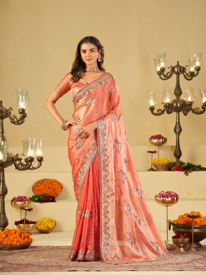 Coral Peach Designer Fendy Satin Saree with Floral Embroidered Border & Elegant Thread Work | Premium Festive Party Wear Saree