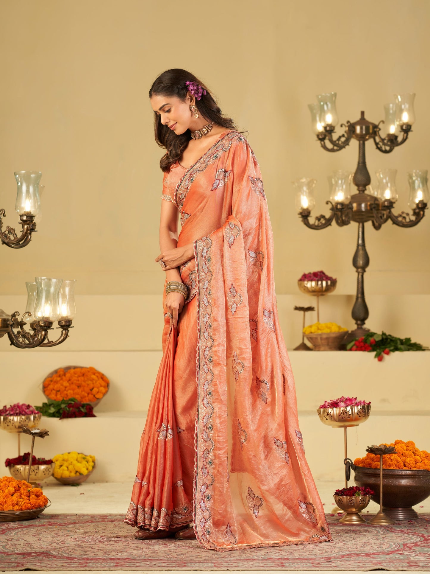 Peach Designer Fendy Satin Saree with Floral Embroidered Border & Elegant Thread Work | Premium Festive Party Wear Saree