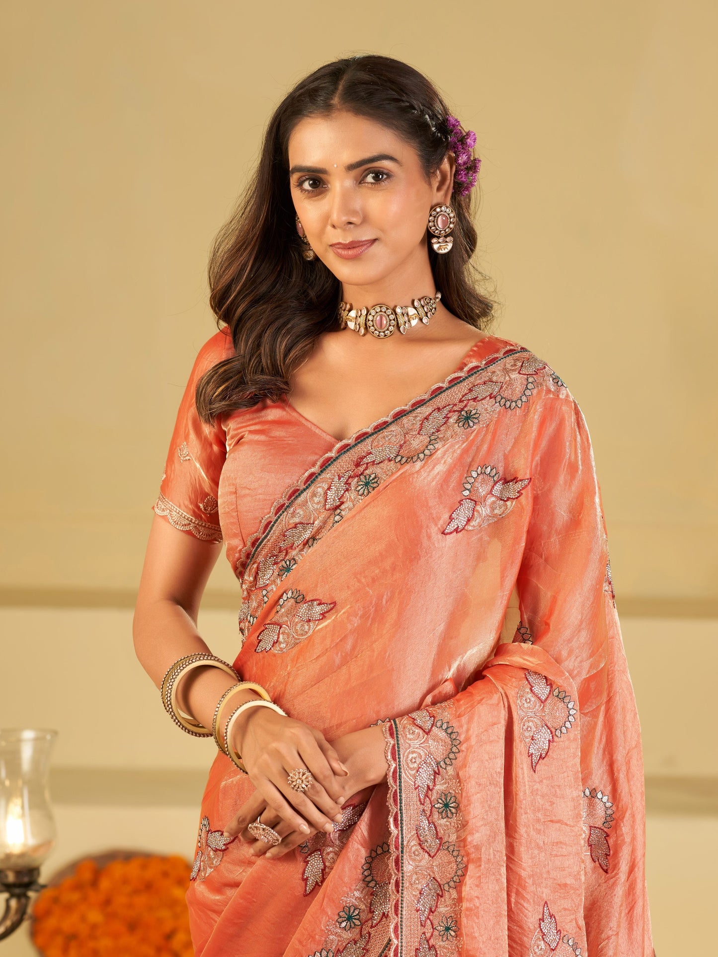 Peach Designer Fendy Satin Saree with Floral Embroidered Border & Elegant Thread Work | Premium Festive Party Wear Saree