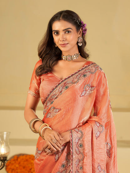 Peach Designer Fendy Satin Saree with Floral Embroidered Border & Elegant Thread Work | Premium Festive Party Wear Saree