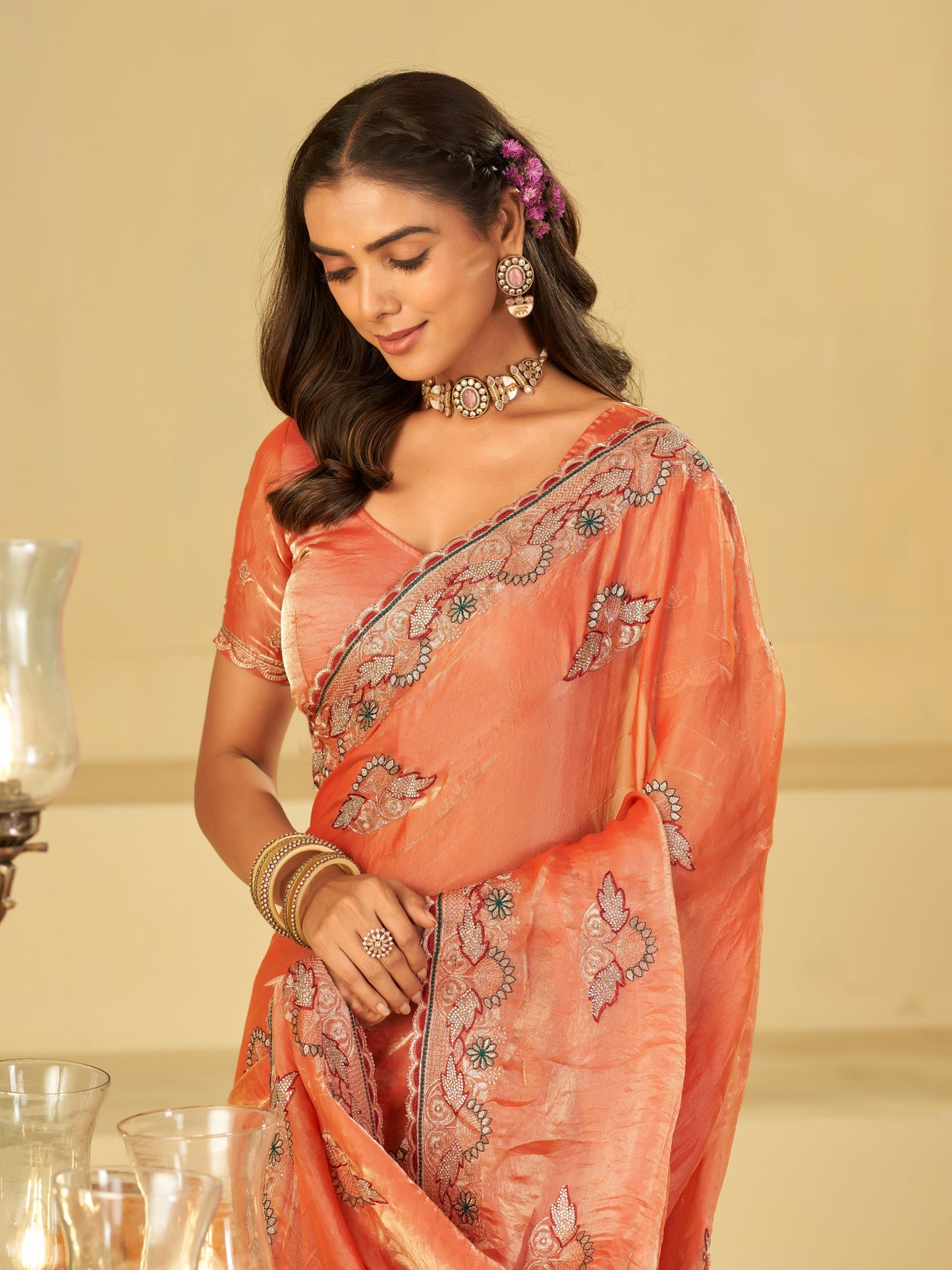 Peach Designer Fendy Satin Saree with Floral Embroidered Border & Elegant Thread Work | Premium Festive Party Wear Saree