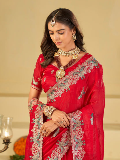 Rani Pink Designer Fendy Satin Saree with Peacock Embroidery & Heavy Embroidered Border | Premium Festive Wedding Wear Saree
