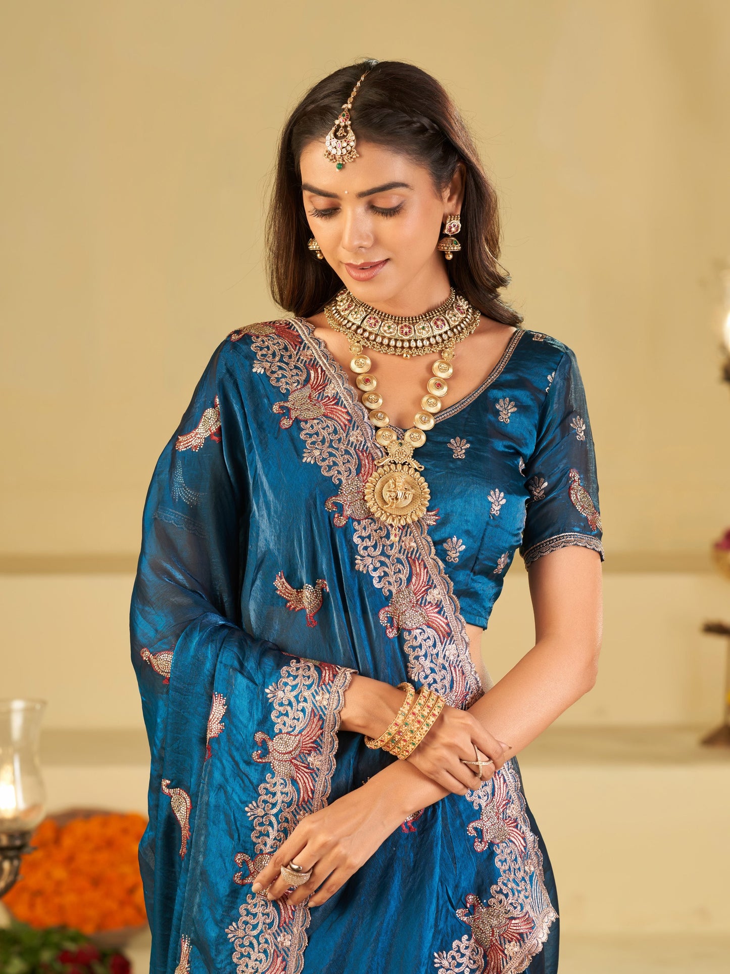 Royal Blue Designer Fendy Satin Saree with Peacock Embroidery & Heavy Embroidered Border | Premium Festive Wedding Wear Saree