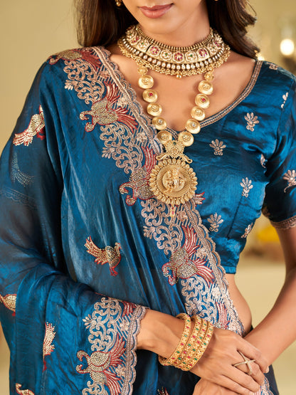 Royal Blue Designer Fendy Satin Saree with Peacock Embroidery & Heavy Embroidered Border | Premium Festive Wedding Wear Saree