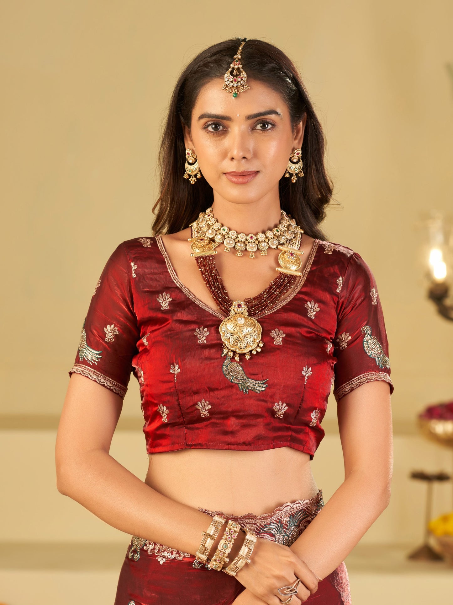 Wine Red Designer Fendy Satin Saree with Peacock Embroidery & Heavy Floral Embroidered Border | Premium Wedding Festive Wear Saree