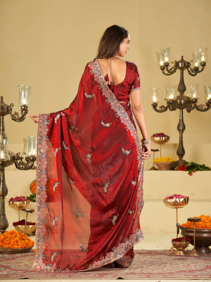 Wine Red Designer Fendy Satin Saree with Peacock Embroidery & Heavy Floral Embroidered Border | Premium Wedding Festive Wear Saree