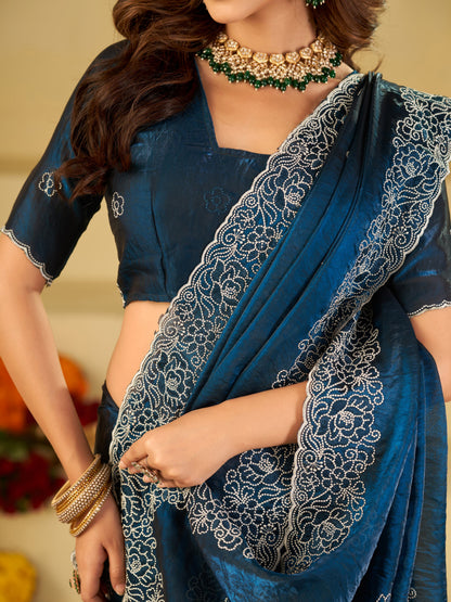 Royal Blue Fendy Satin Saree with White Floral Embroidery Border | Designer Party Wear Saree with Embroidered Blouse