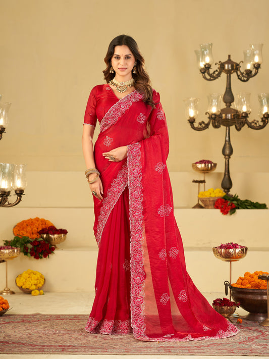 Bright Red Fendy Satin Saree with White Floral Embroidery Border | Designer Festive Party Wear Saree with Blouse