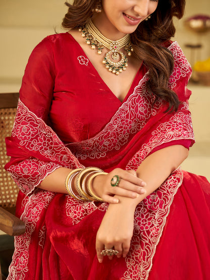Bright Red Fendy Satin Saree with White Floral Embroidery Border | Designer Festive Party Wear Saree with Blouse