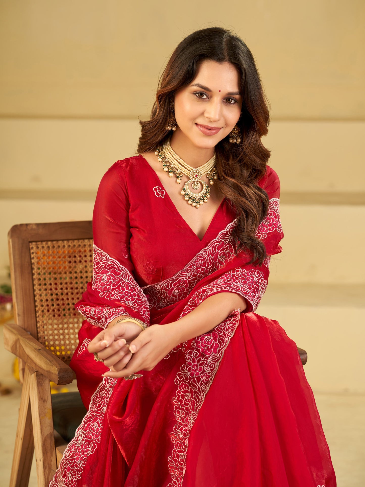 Bright Red Fendy Satin Saree with White Floral Embroidery Border | Designer Festive Party Wear Saree with Blouse