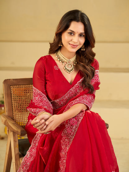 Bright Red Fendy Satin Saree with White Floral Embroidery Border | Designer Festive Party Wear Saree with Blouse