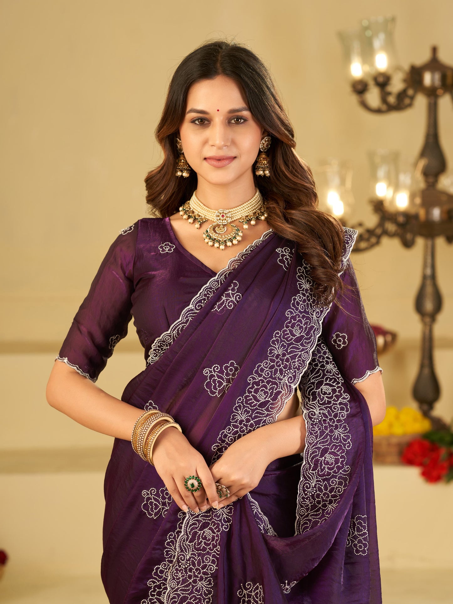 Royal Purple Fendy Satin Saree with White Floral Embroidery Border | Elegant Designer Party Wear Saree with Blouse