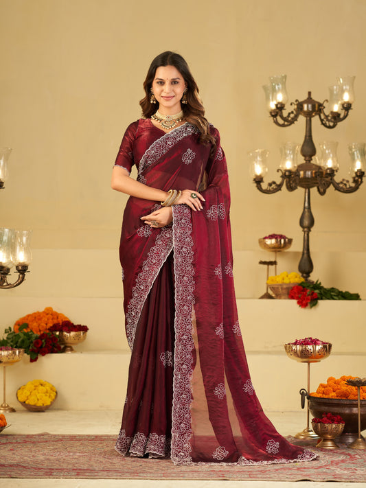 Wine Red Fendy Satin Saree with White Floral Embroidery Border | Designer Festive Wear Saree with Embroidered Blouse