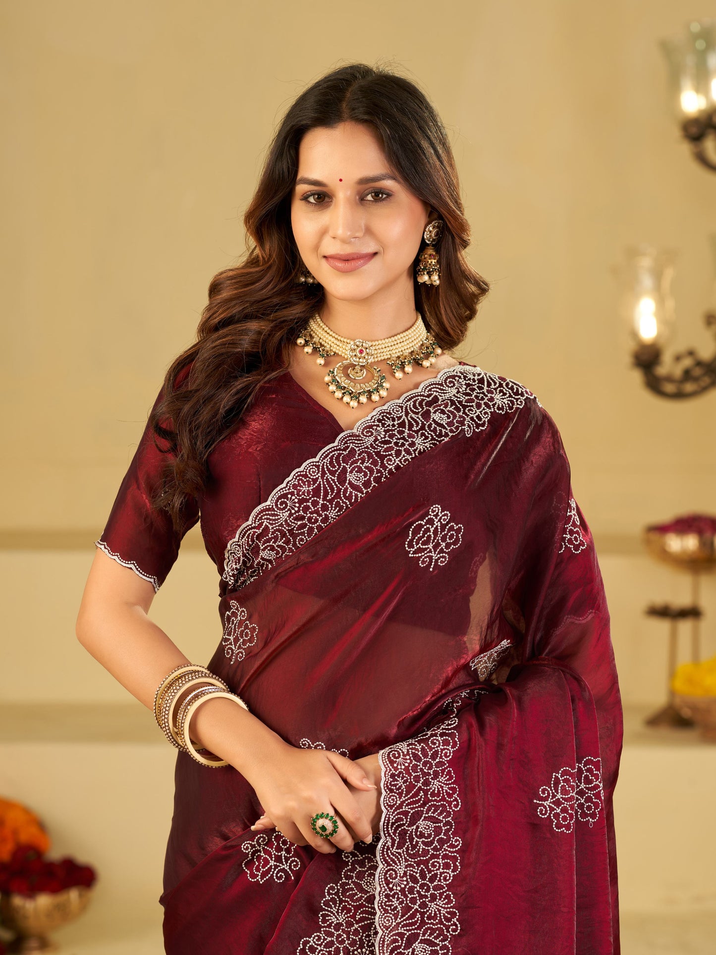 Wine Red Fendy Satin Saree with White Floral Embroidery Border | Designer Festive Wear Saree with Embroidered Blouse
