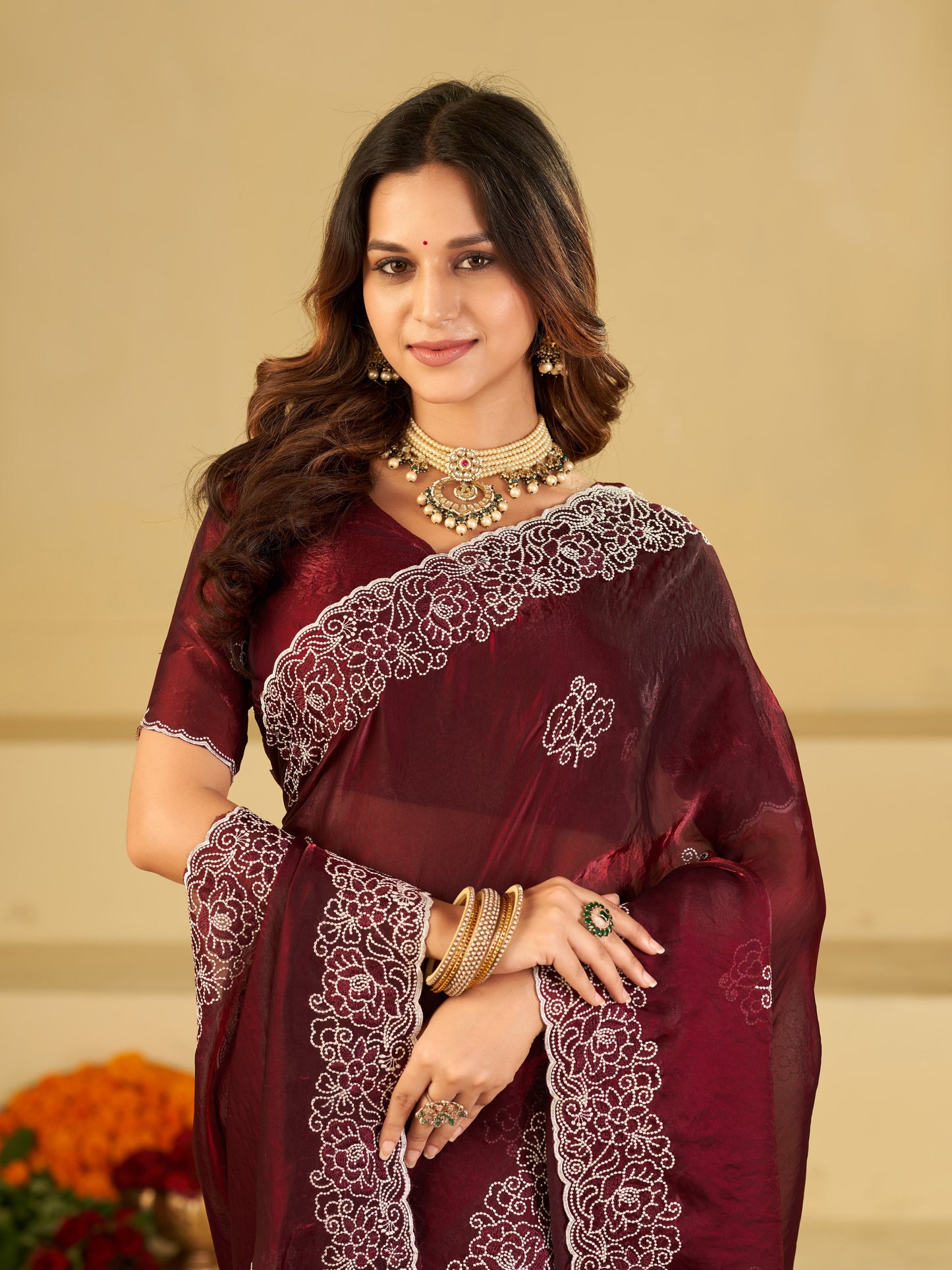 Wine Red Fendy Satin Saree with White Floral Embroidery Border | Designer Festive Wear Saree with Embroidered Blouse