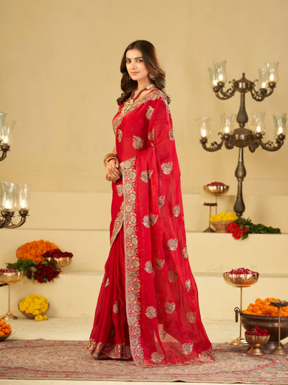 Rani Pink Designer Fendy Satin Saree with Heavy Embroidery Work | Premium Wedding Party Wear Saree with Embroidered Border & Blouse