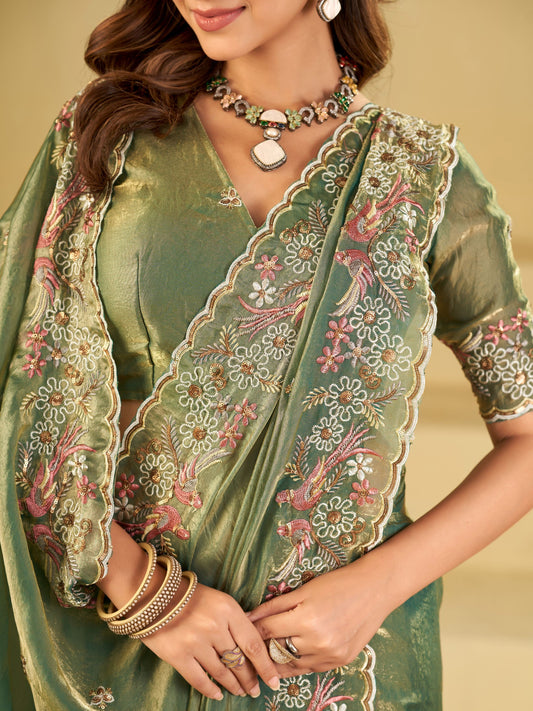 Sage Green Fendy Satin Saree with Floral Embroidery Border | Designer Party Wear Embroidered Saree with Blouse