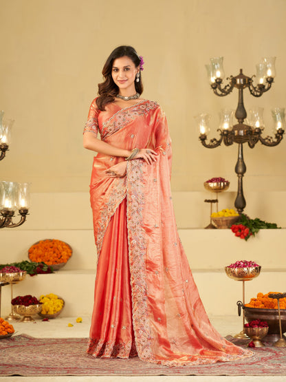 Peach Pink Fendy Satin Saree with Floral Embroidery Border | Designer Embroidered Party Wear Saree with Blouse