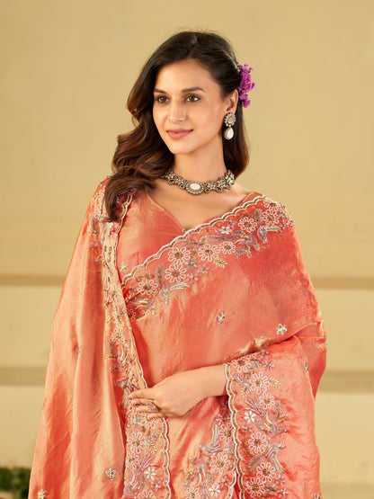 Peach Pink Fendy Satin Saree with Floral Embroidery Border | Designer Embroidered Party Wear Saree with Blouse