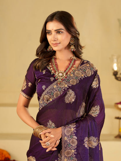 Royal Purple Designer Fendy Satin Saree with Heavy Floral Embroidery Work | Premium Wedding & Party Wear Embroidered Saree with Blouse