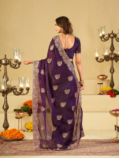 Royal Purple Designer Fendy Satin Saree with Heavy Floral Embroidery Work | Premium Wedding & Party Wear Embroidered Saree with Blouse