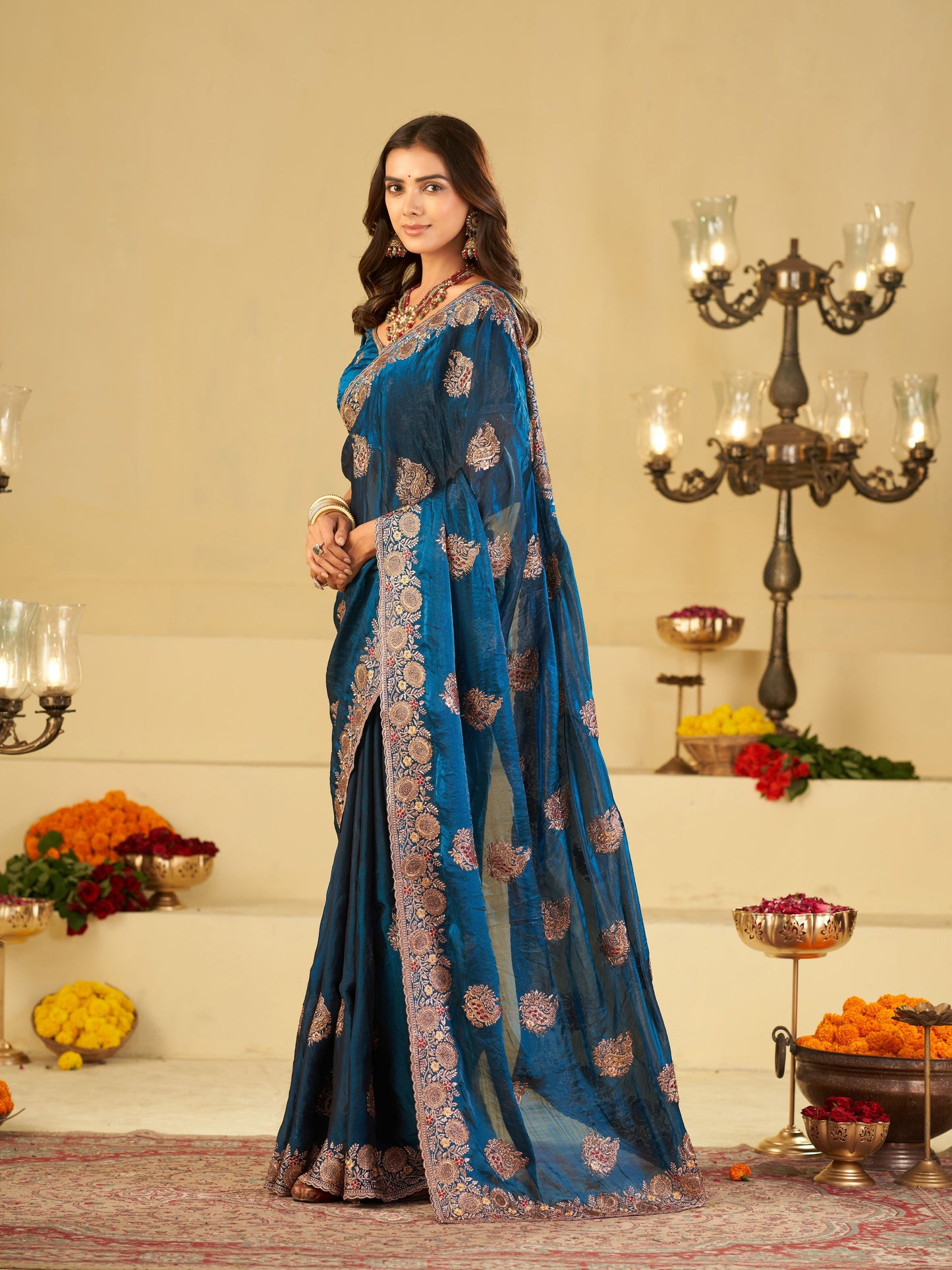 Royal Blue Designer Fendy Satin Saree with Heavy Floral Embroidery Work | Premium Party Wear Wedding Saree with Embroidered Border & Blouse
