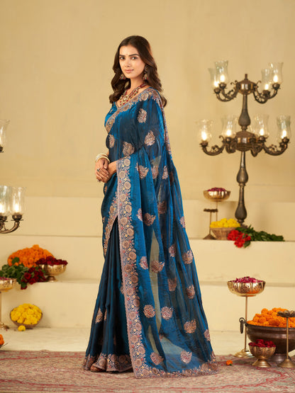 Royal Blue Designer Fendy Satin Saree with Heavy Floral Embroidery Work | Premium Party Wear Wedding Saree with Embroidered Border & Blouse