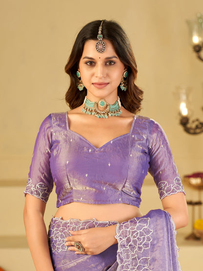 Lavender Fendy Satin Saree with White Floral Embroidery Border | Elegant Designer Party Wear Saree with Blouse