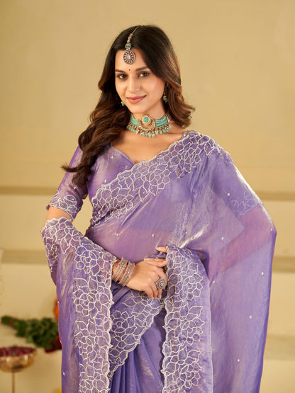 Lavender Fendy Satin Saree with White Floral Embroidery Border | Elegant Designer Party Wear Saree with Blouse