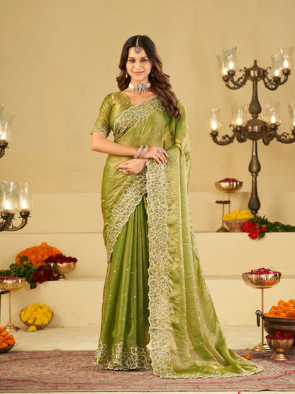 Pista Green Fendy Satin Saree with White Floral Embroidery Border | Elegant Designer Festive Wear Saree with Blouse