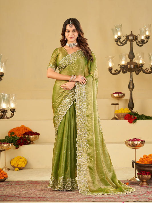 Pista Green Fendy Satin Saree with White Floral Embroidery Border | Elegant Designer Festive Wear Saree with Blouse