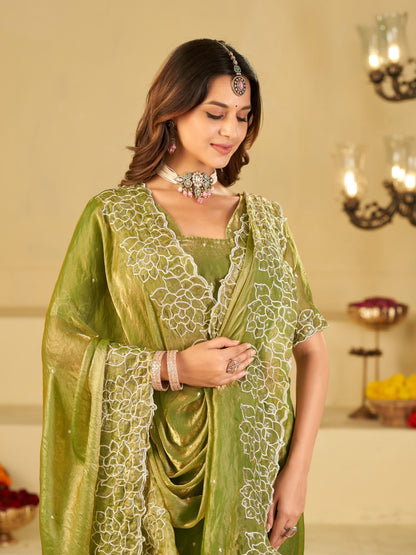 Pista Green Fendy Satin Saree with White Floral Embroidery Border | Elegant Designer Festive Wear Saree with Blouse