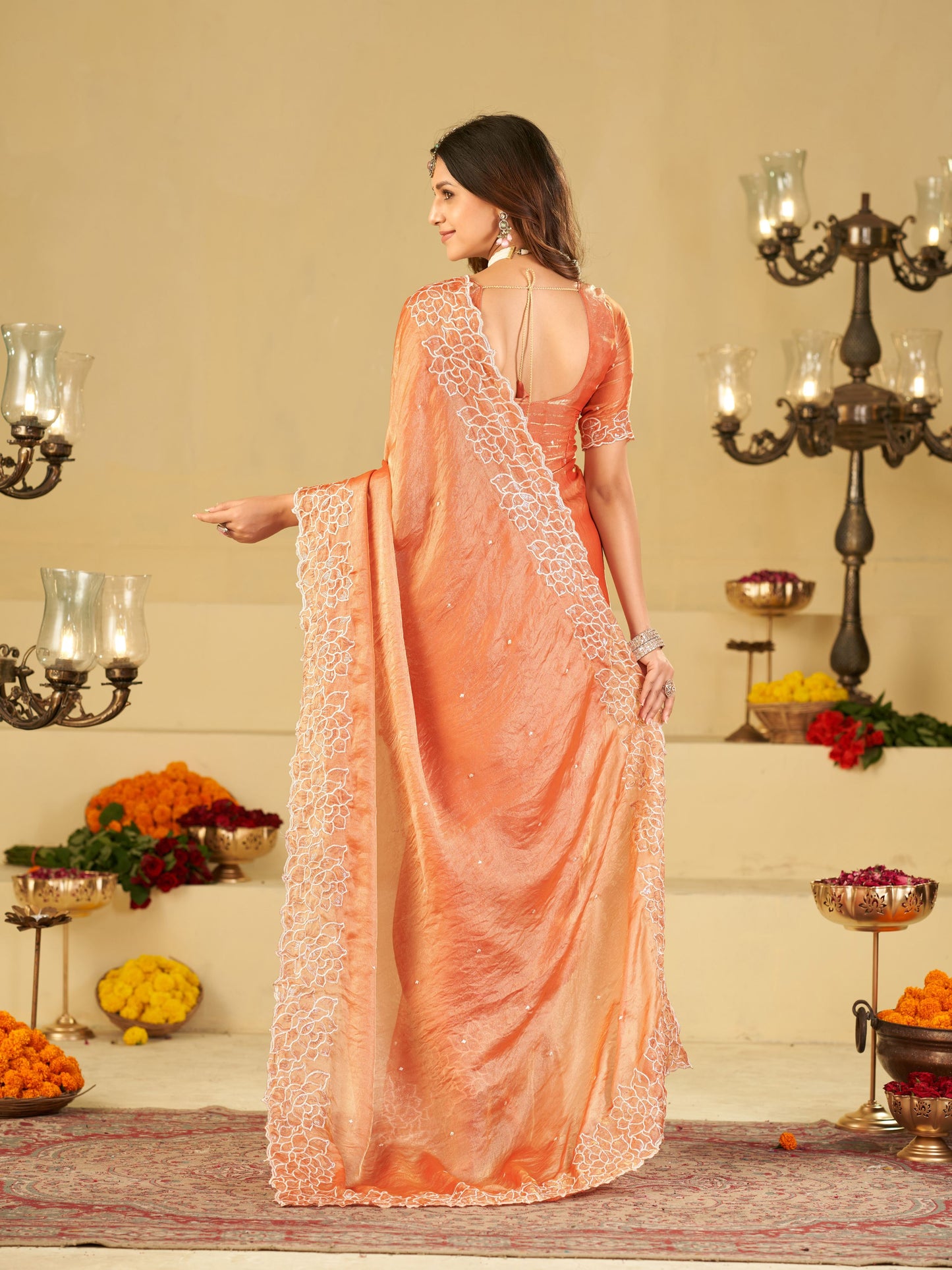 Peach Orange Fendy Satin Saree with White Floral Embroidery Border | Elegant Designer Festive Wear Saree with Blouse