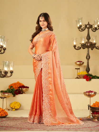 Peach Orange Fendy Satin Saree with White Floral Embroidery Border | Elegant Designer Festive Wear Saree with Blouse