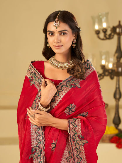 Rani Pink Designer Fendy Satin Saree with Heavy Embroidered Border | Festive Party Wear Saree with Floral Embroidery & Matching Blouse