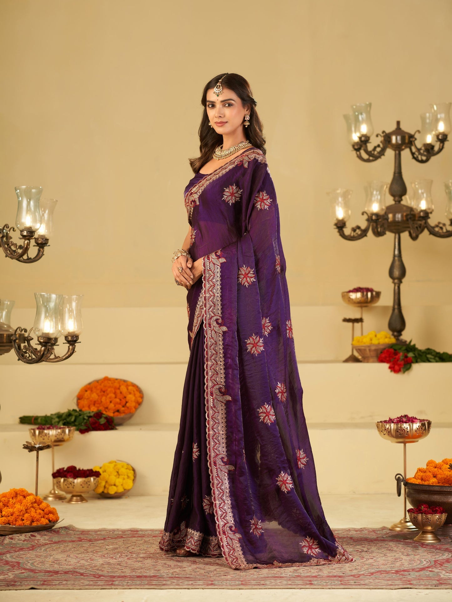 Royal Purple Designer Fendy Satin Saree with Floral Embroidery Work | Premium Wedding Party Wear Saree with Heavy Embroidered Border & Blouse