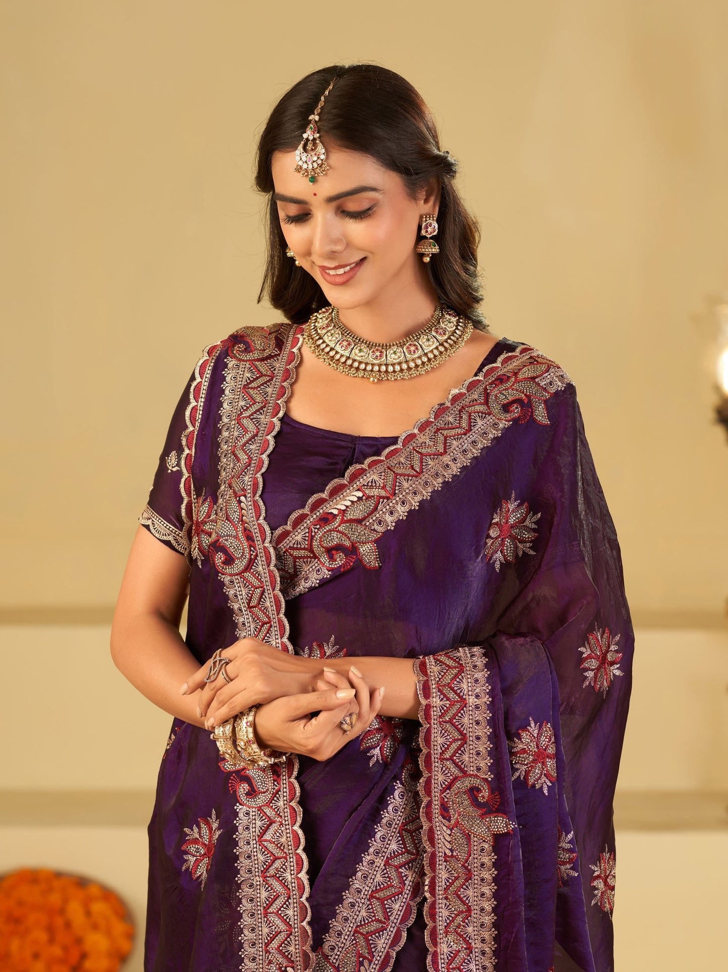 Royal Purple Designer Fendy Satin Saree with Floral Embroidery Work | Premium Wedding Party Wear Saree with Heavy Embroidered Border & Blouse
