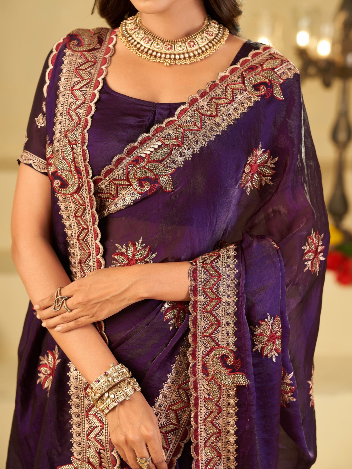 Royal Purple Designer Fendy Satin Saree with Floral Embroidery Work | Premium Wedding Party Wear Saree with Heavy Embroidered Border & Blouse
