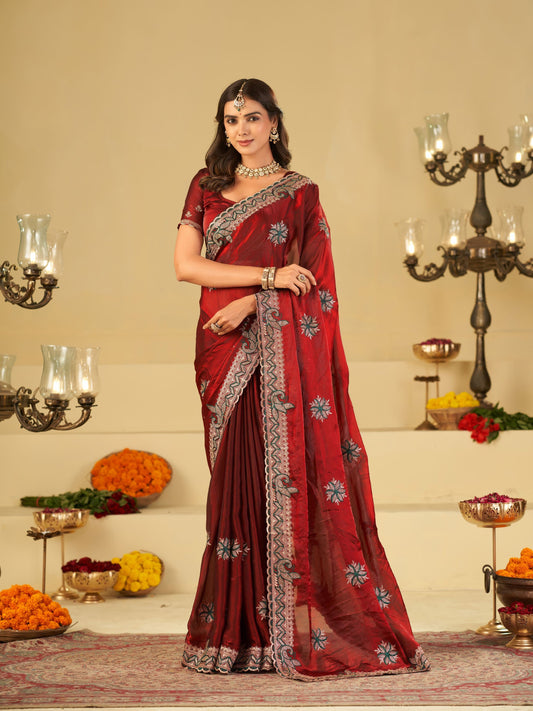 Ruby Red Designer Fendy Satin Saree with Floral Embroidery Work | Premium Wedding Party Wear Saree with Heavy Embroidered Border & Blouse